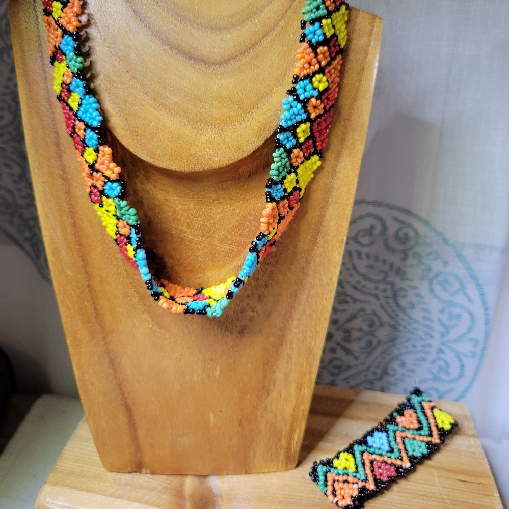 2 Piece Primary Colors Seed Bead Jewelry Lot Handmade Stretch Choker & Bracelet